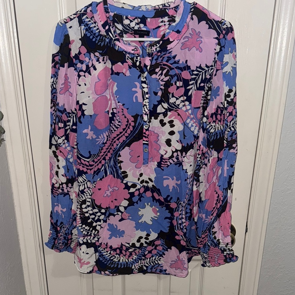 Talbots Blue and Pink Graphic Blouse with Mandarin Collar